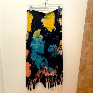 Tie dye black, orange, yellow and blue with fringe.